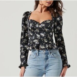 ASTR The Label Floral‎ Puff Sleeve Peplum Sweetheart Cinch Long Sleeve Top Small